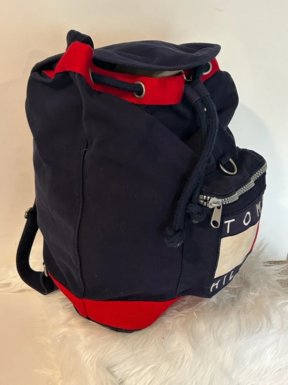 Vintage Y2K Tommy Hilfiger Logo Drawstring Backpack Navy Red Bookbag